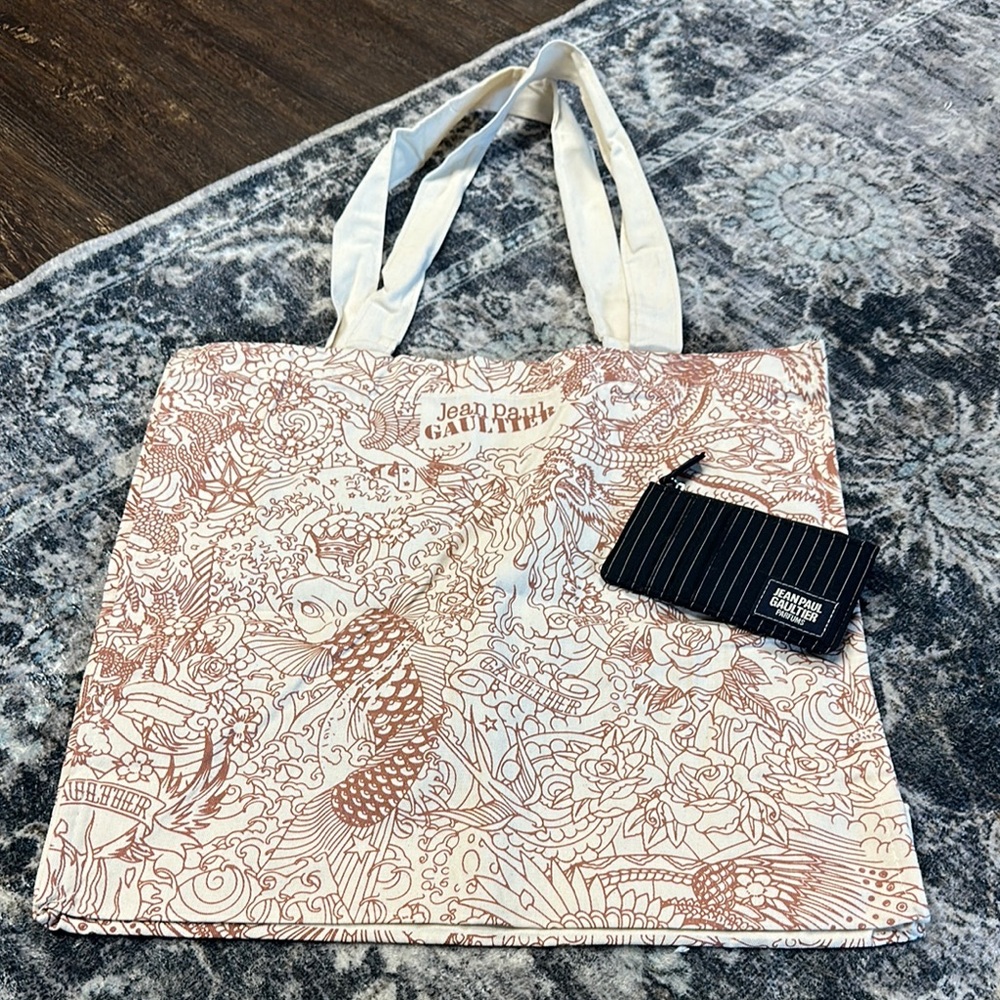 Jean Paul Gaultier Cream and Brown Tote Bag and canvas mini wallet